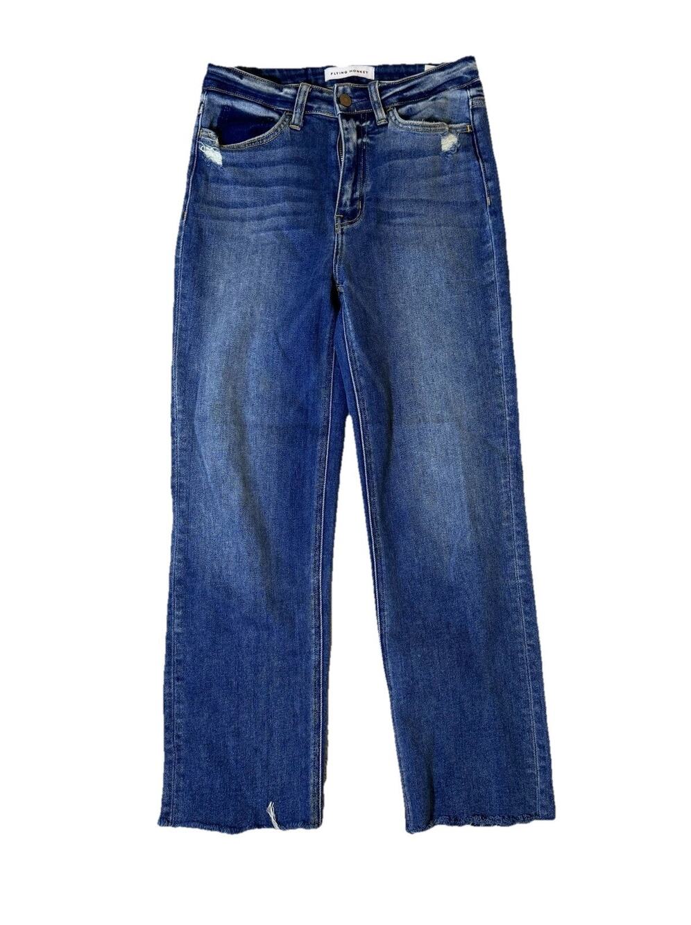 Flying Monkey Womens High Rise Jeans Medium Wash Raw Hem Straight Leg 26